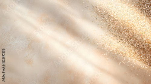 Shimmering gold particles scattered over a neutral-toned textured surface producing a glamorous and sophisticated background ideal for beauty fashion and luxury marketing. Selective focus