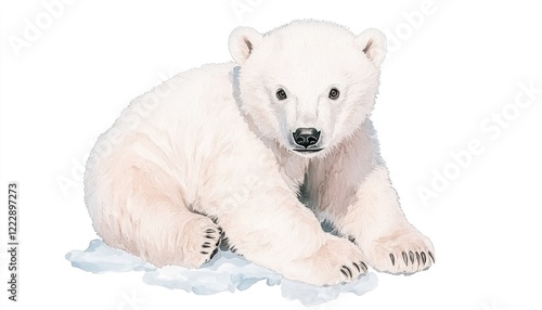 A playful polar bear cub lounging on a snowy landscape, surrounded by a serene Arctic environment