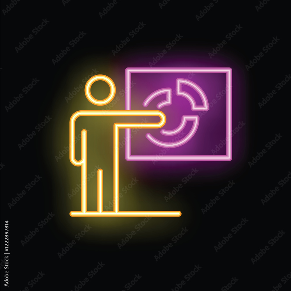 Neon sign of a businessman pointing at a board with a growth chart on it Neon sign of a businessman pointing at a board with a growth chart on it