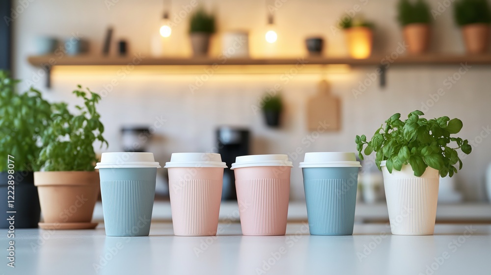 Colorful Coffee Cups with Fresh Greenery Colorful Coffee Cups with Fresh Greenery