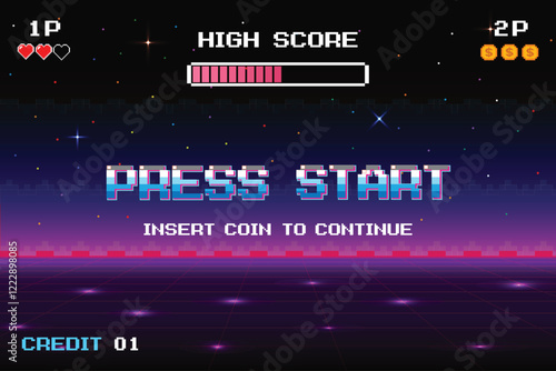 PRESS START. pixel art .8 bit game. Retro Futurism Sci-Fi Background. glowing neon grid. and stars from vintage arcade computer games