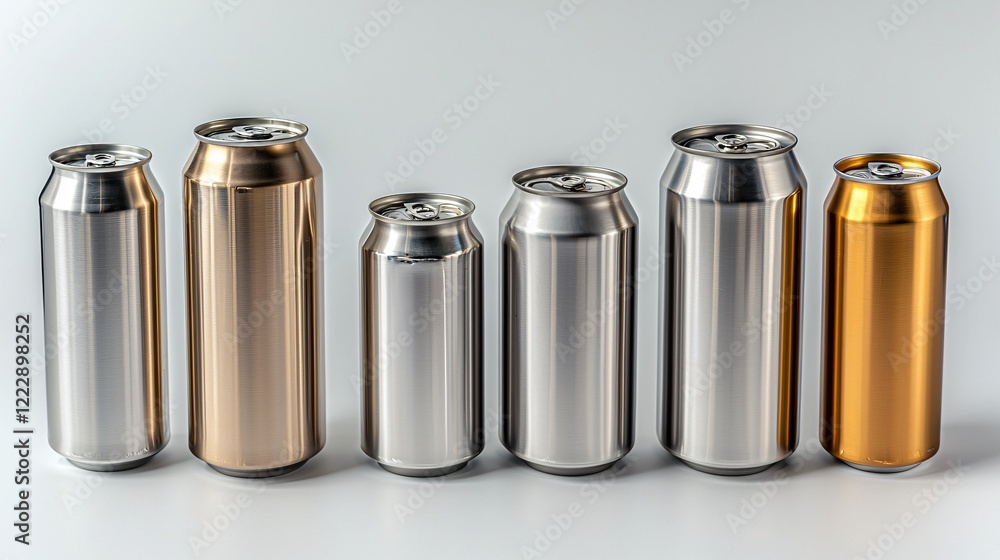Various sized metal cans, in a row, isolated on white, for beverage containers Various sized metal cans, in a row, isolated on white, for beverage containers