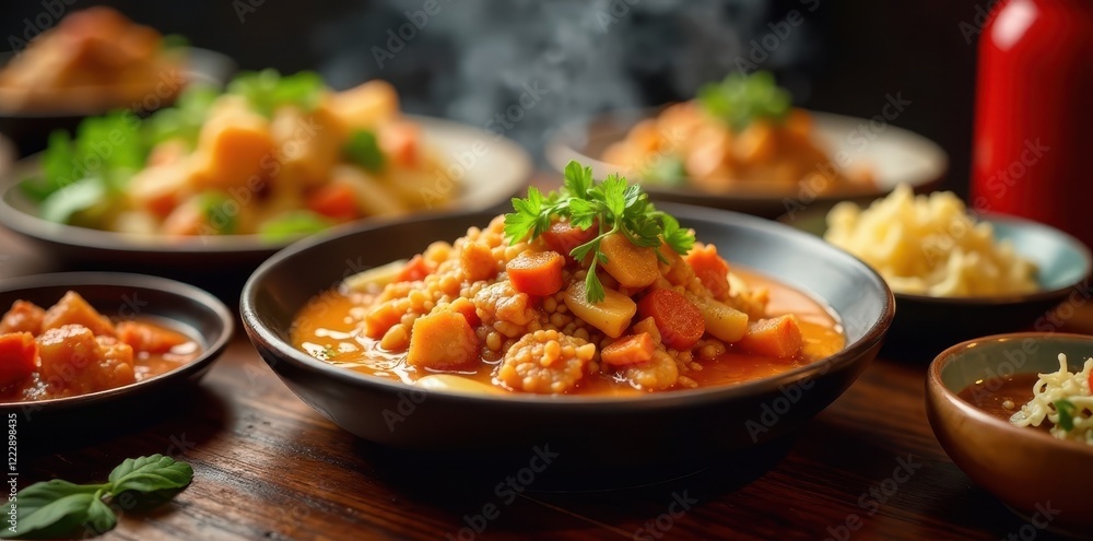 Friends enjoy a vibrant Chinese feast Dishes overflow with tempting aromas , gathering, sauce, meat Friends enjoy a vibrant Chinese feast Dishes overflow with tempting aromas , gathering, sauce, meat