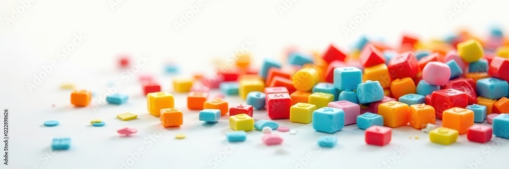 Colorful plastic blocks scattered on white background, red, blocks, plastic Colorful plastic blocks scattered on white background, red, blocks, plastic