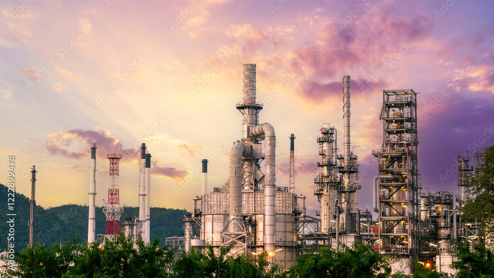 Obraz premium Oil refinery gas petrol plant industry with crude tank, gasoline supply and chemical factory. Petroleum barrel fuel heavy industry oil refinery manufacturing factory plant. Refinery industry concept