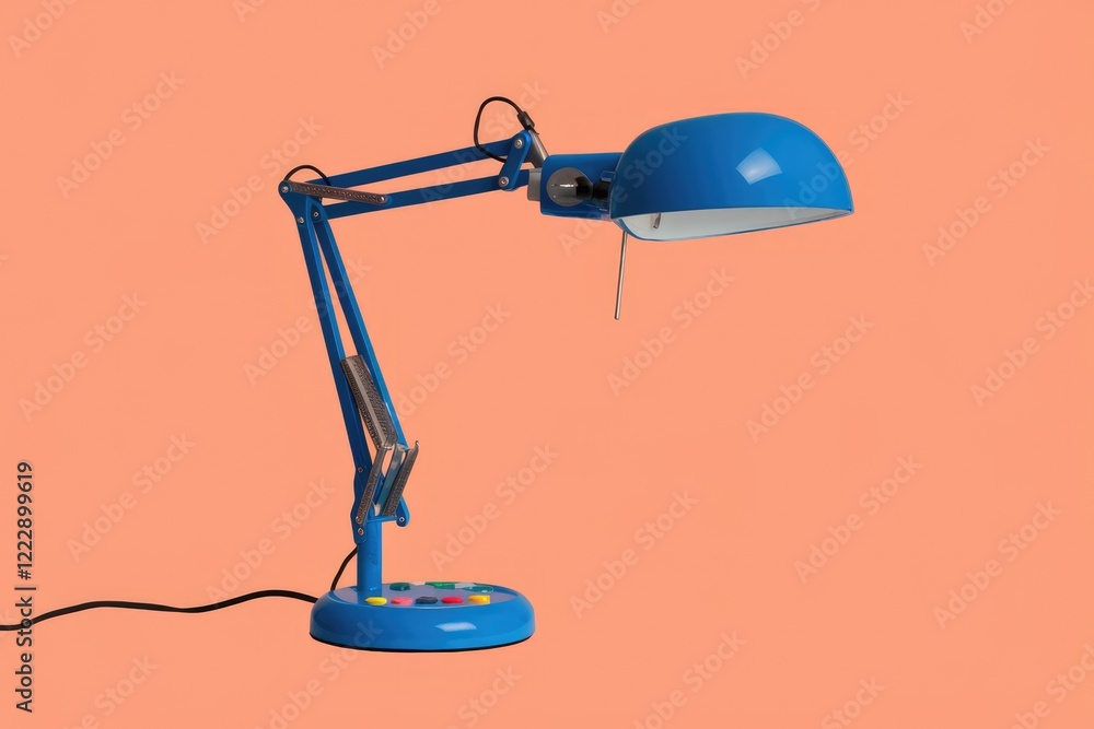 A vibrant blue adjustable desk lamp with a dome shade, adding a pop of color to any workspace. A vibrant blue adjustable desk lamp with a dome shade, adding a pop of color to any workspace.