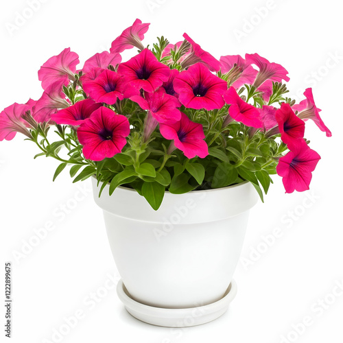 Dark pink petunia flowers in white pot isolated on white background