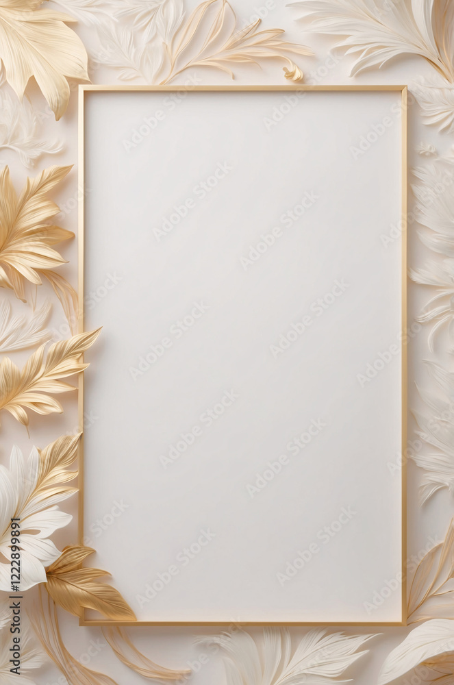 Obraz premium Delicate Golden Floral Frame with Botanical Illustrations Set Against a White Background for Home Styling