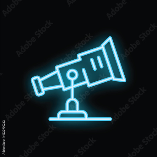 Blue neon icon of a telescope standing on a base, representing astronomy and observation of celestial objects