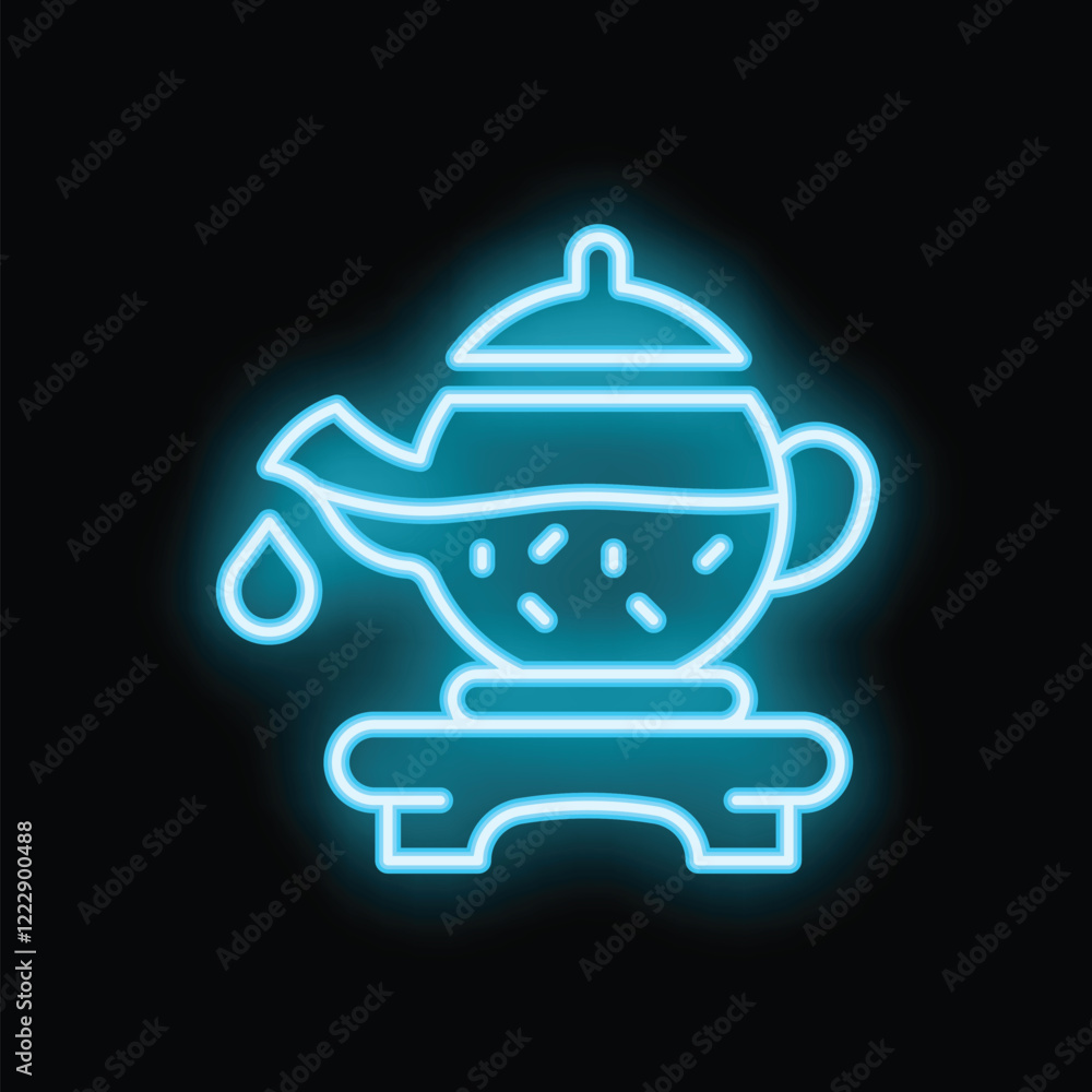 Blue neon sign of a teapot pouring tea on a wooden stand, perfect for any business selling tea