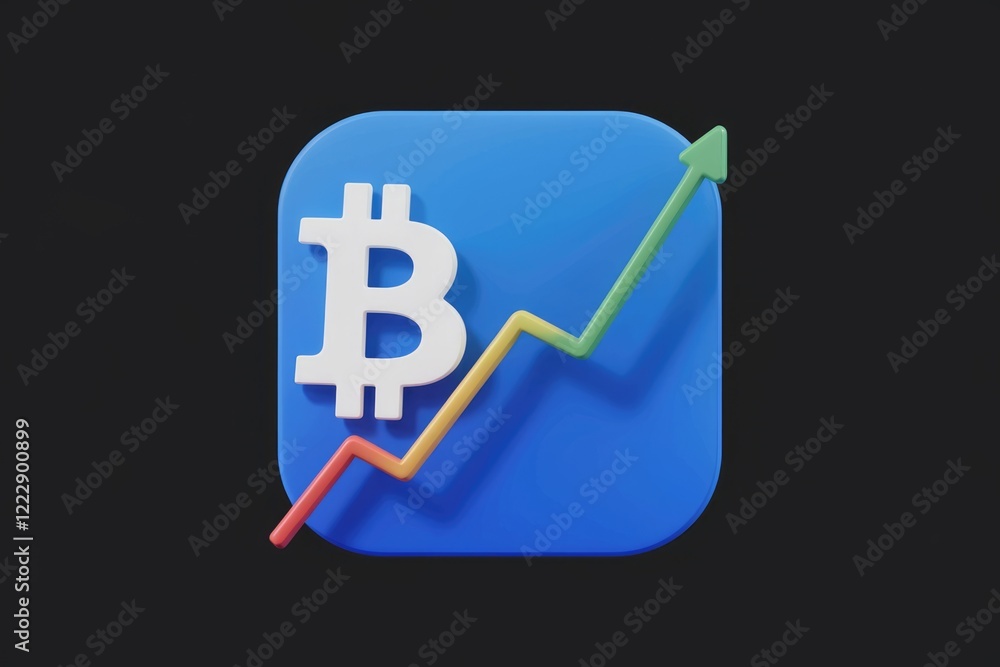 Bitcoin price rising, indicated by upward trending graph on blue app icon. Bitcoin price rising, indicated by upward trending graph on blue app icon.