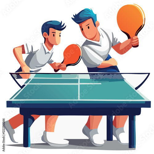 Two boys playing ping pong in flat style isolated on a white background. Vector Illustration.  Perfect for invitations, greeting cards, postcard, print, fashion kids design, t-shirts, mugs, backpacks