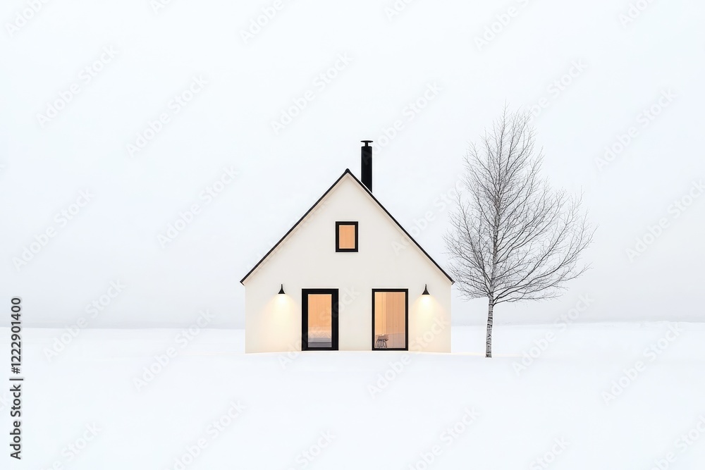 Minimalistic white house in a snowy landscape with a solitary tree and soft winter light Minimalistic white house in a snowy landscape with a solitary tree and soft winter light