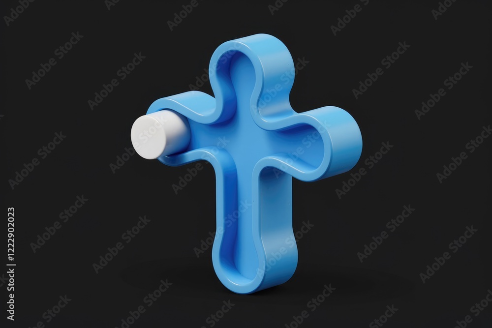 Fototapeta premium Abstract 3D rendering of a blue cross with a white circle, symbolizing faith and hope.