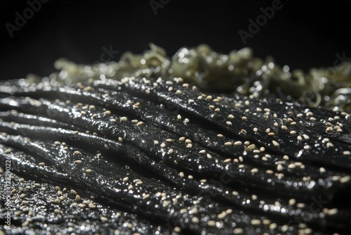 Macro shot of nori and wakame seaweed salad with sesame seeds for culinary inspiration and healthy eating photo