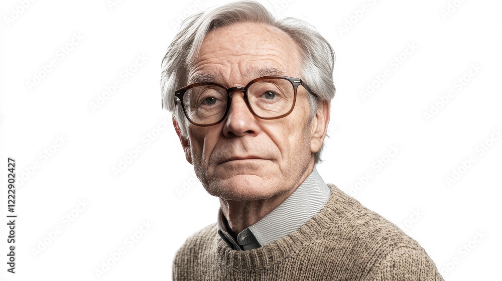 Thoughtful Elderly Man in Sweater with Glasses Thoughtful Elderly Man in Sweater with Glasses