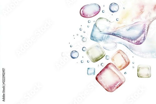 Colorful ice cubes and bubbles floating in a bright background, creating a refreshing atmosphere