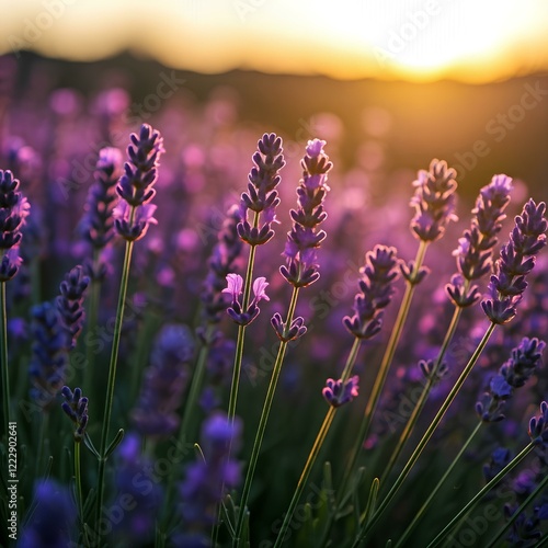 Beautiful lavender flowers field in sunset