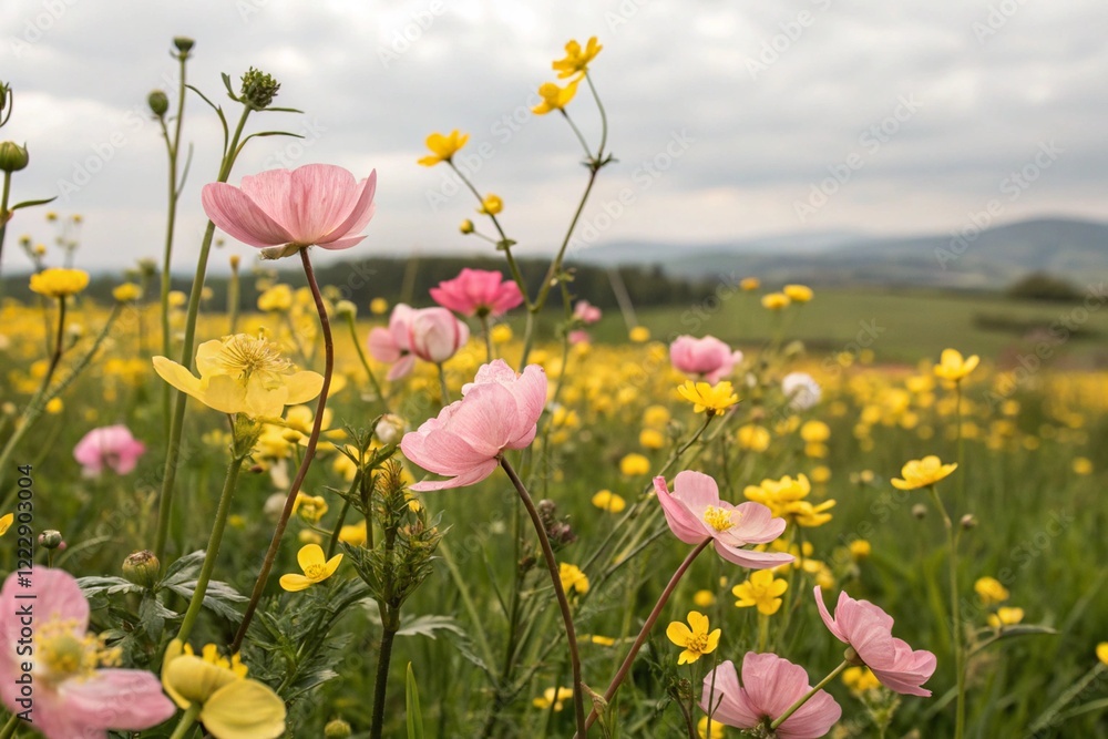 Obraz premium wallpaper made of pink and yellow spring flowers in a field. Generative AI