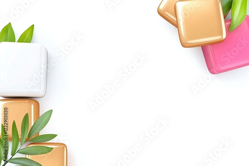 Colorful geometric shapes with green leaves on a clean white background for design use
