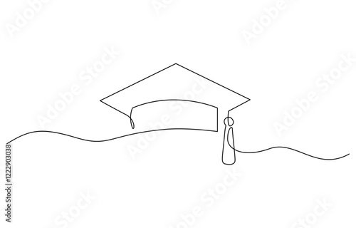 Graduation hat one line illustration. Hand drawn sketch of student cap on white background, Continuous cap one line art drawing of graduation hat concept outline vector.