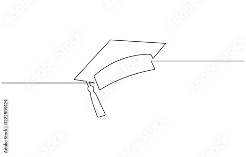 Graduation hat one line illustration. Hand drawn sketch of student cap on white background, Continuous cap one line art drawing of graduation hat concept outline vector.
