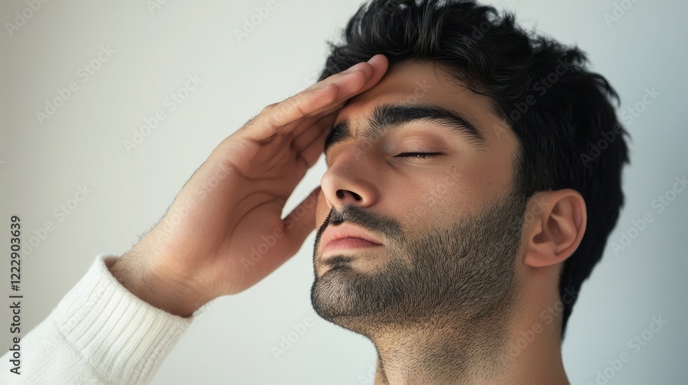 Fototapeta premium Young man experiencing stress or anxiety in soft lighting