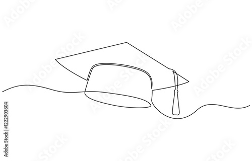 Graduation hat one line illustration. Hand drawn sketch of student cap on white background, Continuous cap one line art drawing of graduation hat concept outline vector.
