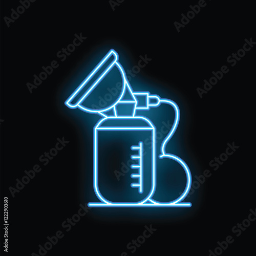 Glowing neon sign depicting breast pump icon on black background