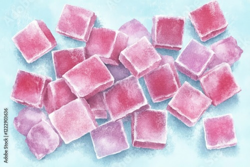 Colorful frozen fruit cubes scattered on a light blue surface, ideal for refreshing summer drinks