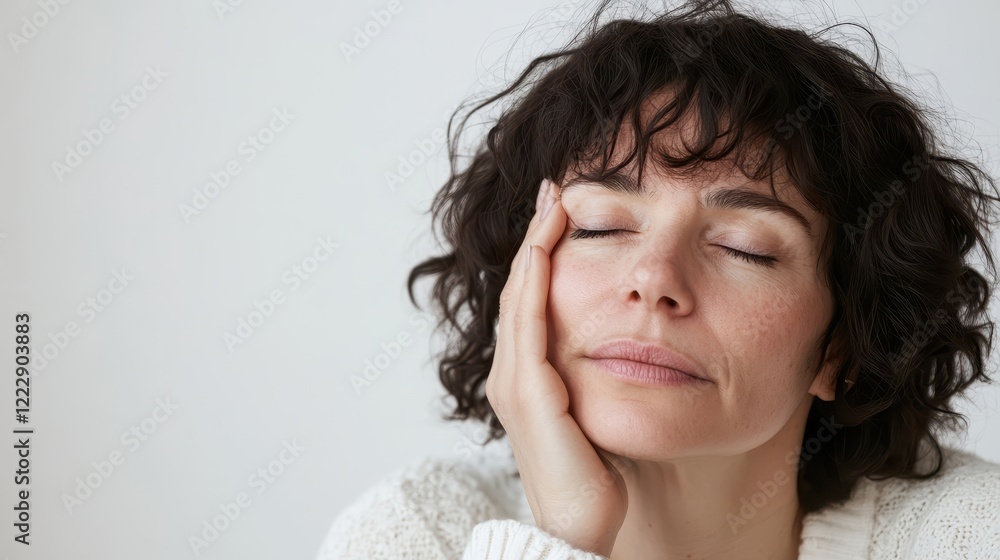 Woman with curly hair lost in thought and relaxation Woman with curly hair lost in thought and relaxation