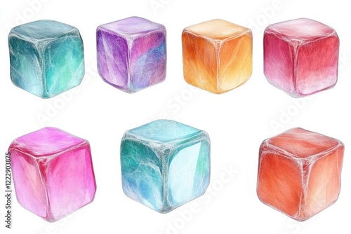 Colorful ice cubes in various shapes and hues arranged in an artistic display on a white background