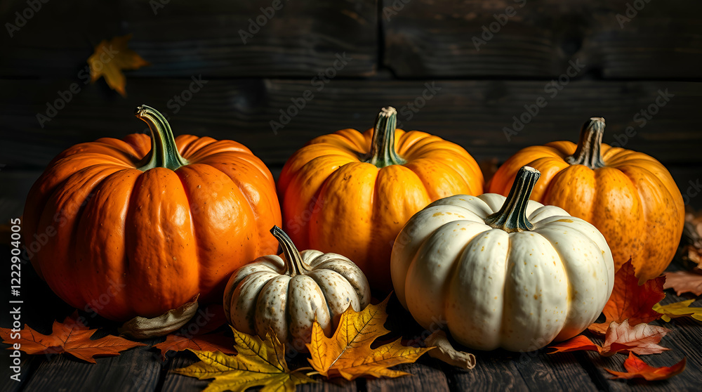 A colorful display of pumpkins, pumpkins and leaves sitting in a row on wooden background A colorful display of pumpkins, pumpkins and leaves sitting in a row on wooden background