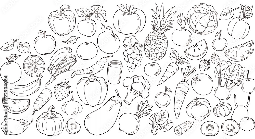 Fototapeta premium Healthy Fruits and Vegetables Line Art Illustration