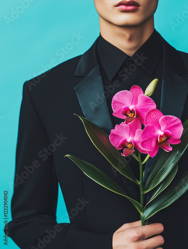 A man in a black suit holds a single stem of vibrant pink orchids against a bold teal background.