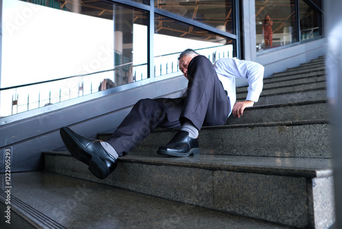 A man falls down the stairs and is injured.