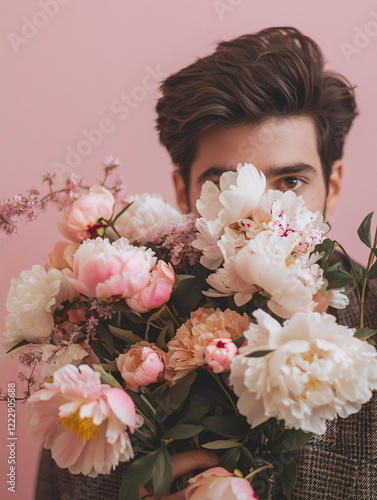 A close-up of a man holding soft pastel peonies and blossoms, partially obscuring his face, on a pink background.
