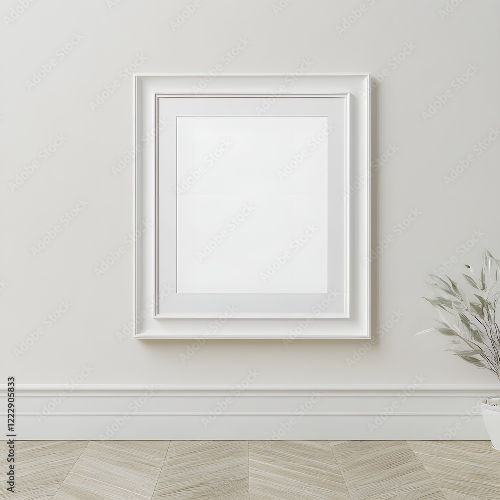 Photorealistic mock-up of a white picture frame in a modern livingroom environment with a classic scandinavian design. White with a matte finish and an off-white textured background inside the frame. Photorealistic mock-up of a white picture frame in a modern livingroom environment with a classic scandinavian design. White with a matte finish and an off-white textured background inside the frame.