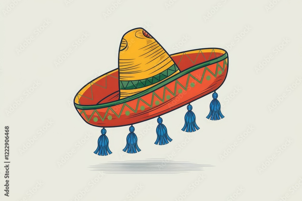 A vibrant illustration of a traditional sombrero hat with blue tassels, showcasing Mexican culture.
