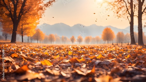 Wallpaper Mural Golden autumn leaves blanket the ground in a sun-drenched landscape, with falling leaves and trees ablaze with color in the background. Torontodigital.ca