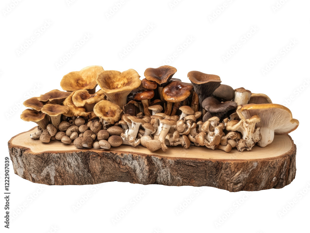 Isolated Diverse Mushrooms on Wooden Base Isolated Diverse Mushrooms on Wooden Base