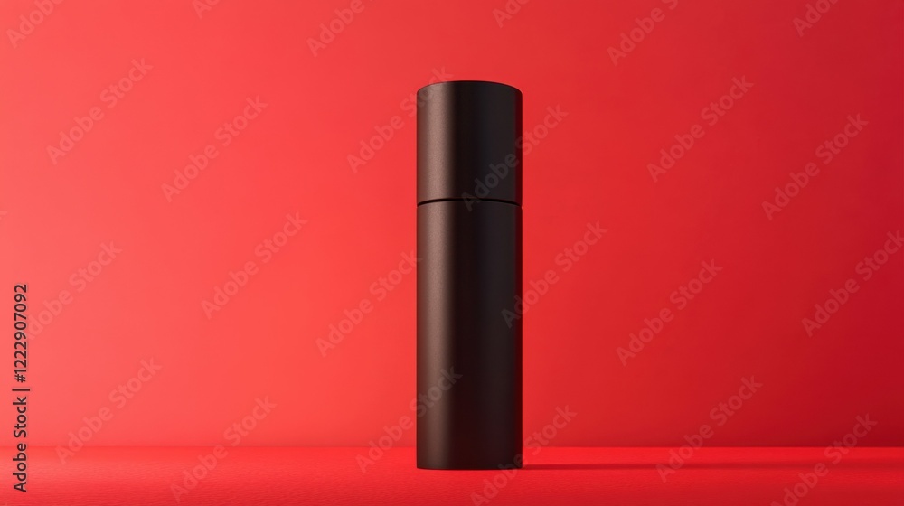Modern cylindrical perfume bottle in matte black, standing on a vibrant red background with soft lighting. Modern cylindrical perfume bottle in matte black, standing on a vibrant red background with soft lighting.