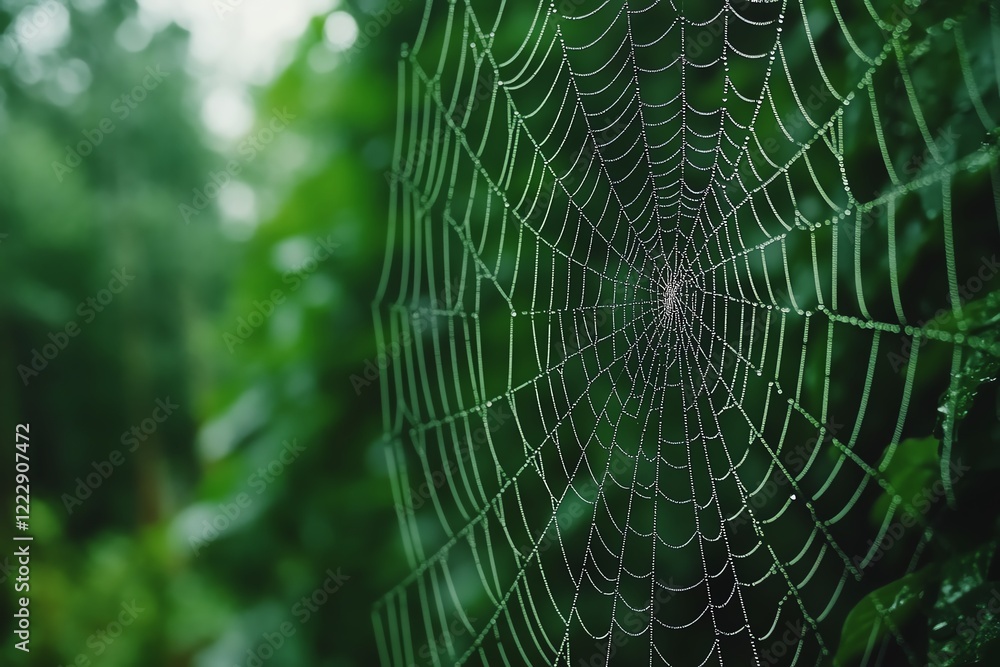 A close-up of a dewy spider web glistening in lush green surroundings. A close-up of a dewy spider web glistening in lush green surroundings.