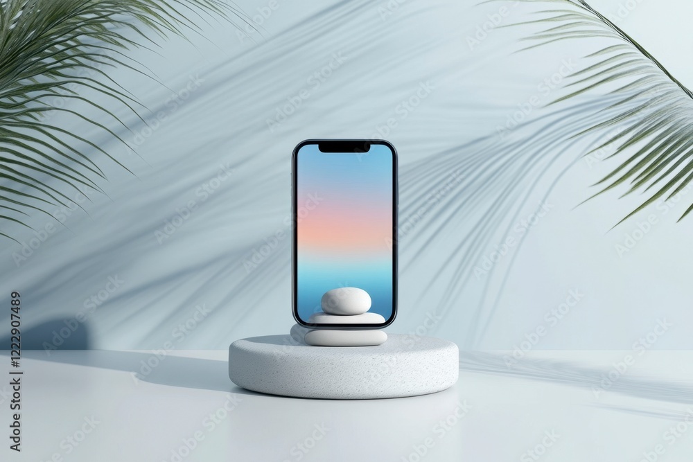 Minimalist smartphone display with soft pastel background and stones Minimalist smartphone display with soft pastel background and stones