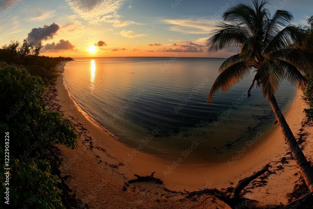 Fototapeta premium Tropical Sunrise Vista, expansive beach scene at dawn, vibrant colors, gentle waves, and serene atmosphere inviting tranquility and reflection.