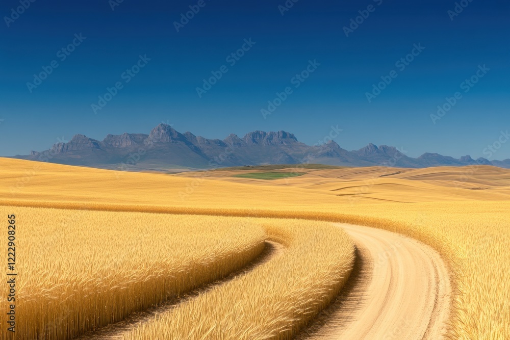 Fototapeta premium Golden wheat fields with mountain landscape clear blue sky