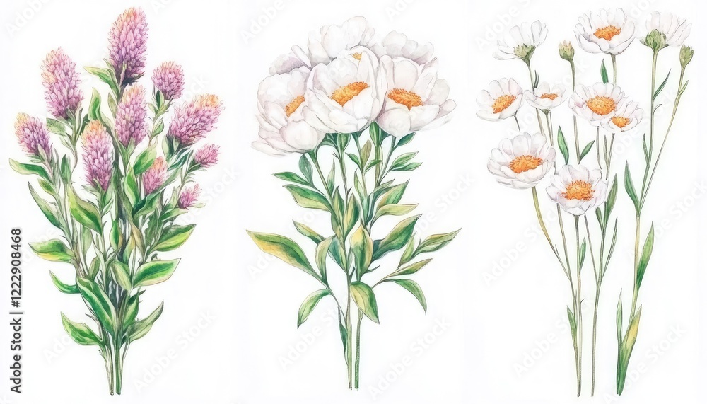 A vibrant collection of hand-drawn floral arrangements featuring peonies and daisies in soft colors A vibrant collection of hand-drawn floral arrangements featuring peonies and daisies in soft colors