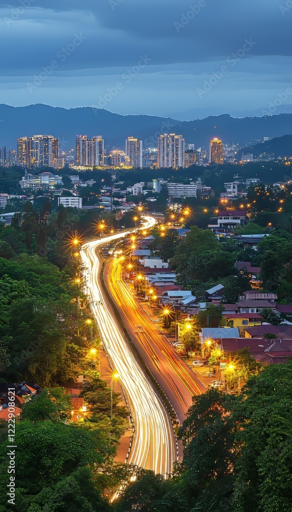 Illuminated Cityscape with Highway Light Trails at Twilight, Scenic Urban Landscape View Illuminated Cityscape with Highway Light Trails at Twilight, Scenic Urban Landscape View