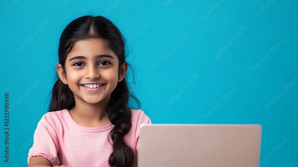 A cheerful Indian teenage girl is studying online with her laptop against a blue background, participating in an educational webinar. A cheerful Indian teenage girl is studying online with her laptop against a blue background, participating in an educational webinar.