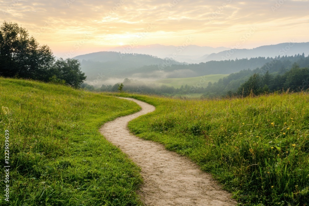 Sunny morning landscape with winding path green meadow Sunny morning landscape with winding path green meadow